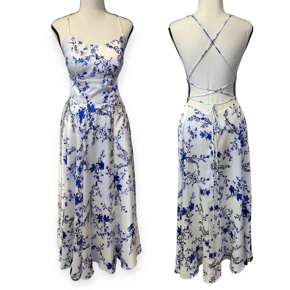 Betsy & Adam White Blue Floral Strappy Satin Tea Length Wedding Guest Dress Sz 4